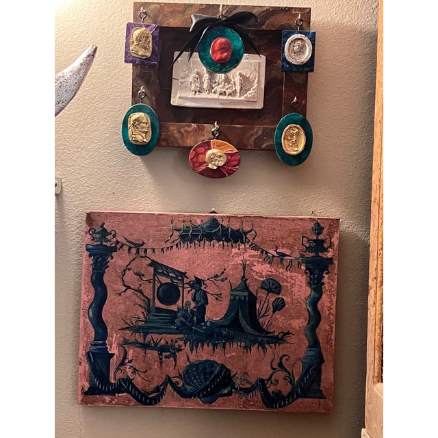 Chinoiserie French Chinoiserie Chic Style Blue on Pink Whimsical Oil on Wood Panel Painting For Sale - Image 3 of 12