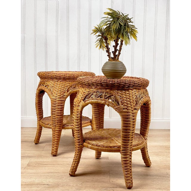 Vintage Coastal Boho Wicker Round Plant Stand End Tables, A Pair, c.1970's - Pairs Nicely with Many Eclectic Interior...