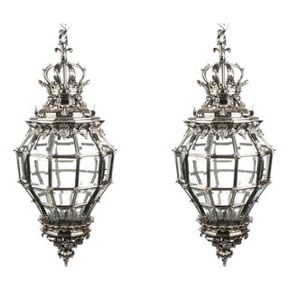 Vintage Versailles Silver Bronze Diamond Baluster Lanterns, Set of 2 For Sale