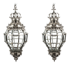 Vintage Versailles Silver Bronze Diamond Baluster Lanterns, Set of 2