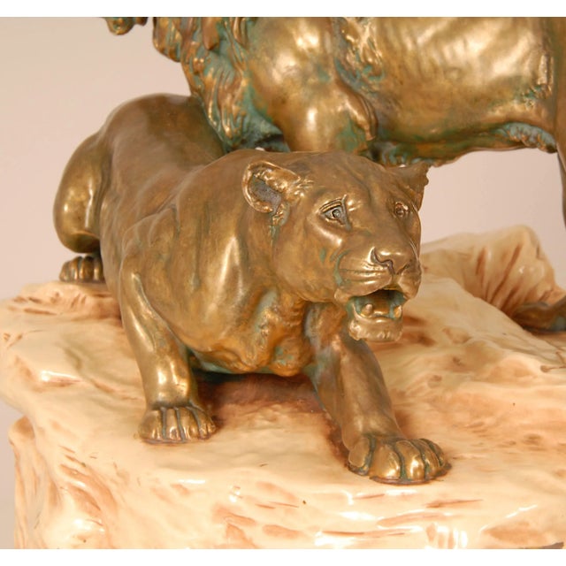 Antique Porcelain Sculpture Lions Signed Viennese Porcelain Group Gold Beige For Sale - Image 14 of 18