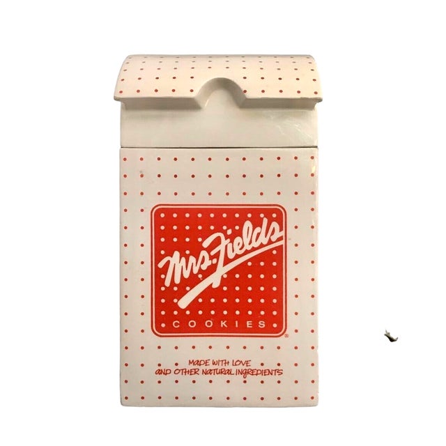 American Large Vintage Mrs. Fields Ceramic Cookie Jar – Paper Bag Shape, Red Polka Dots, Retro Kitchen Decor For Sale - Image 3 of 10