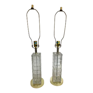 Hollywood Regency Block Cube Crystal Table Lamps -A Pair