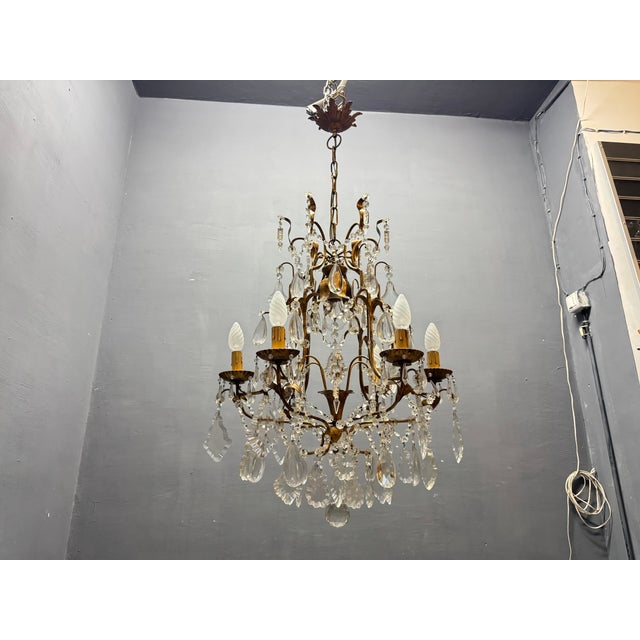 Large Gilded Florentine Tole and Crystal Chandelier, 1950s For Sale - Image 9 of 12