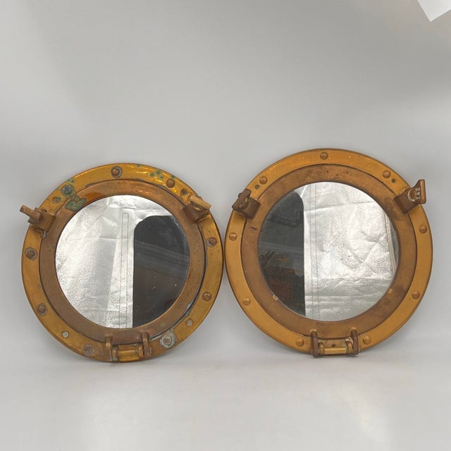 Traditional Vintage Nautical Brass Porthole Mirror For Sale - Image 3 of 10
