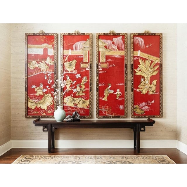 Chinoiserie Stunning Vintage Four-Panel Chinese Red Lacquer Wall Art – Summer Lotus Harvest Theme For Sale - Image 3 of 6