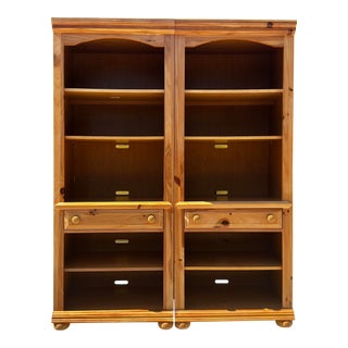 Vintage Late 20th Century Lighted Light Pine Broyhill Fontana Bookcases- Set of 2 For Sale