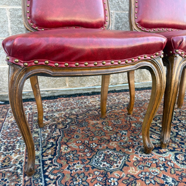 Wood Mid 20th Century Tacked Red Vinyl & Fruitwood French Louis XV Fauteuil Dining Chairs - Set of 3 For Sale - Image 7 of 17