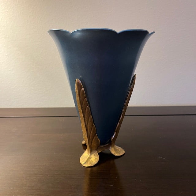 Art Deco Vintage McClelland Barclay Blue Coated Copper Vase With Bronze Base For Sale - Image 3 of 8