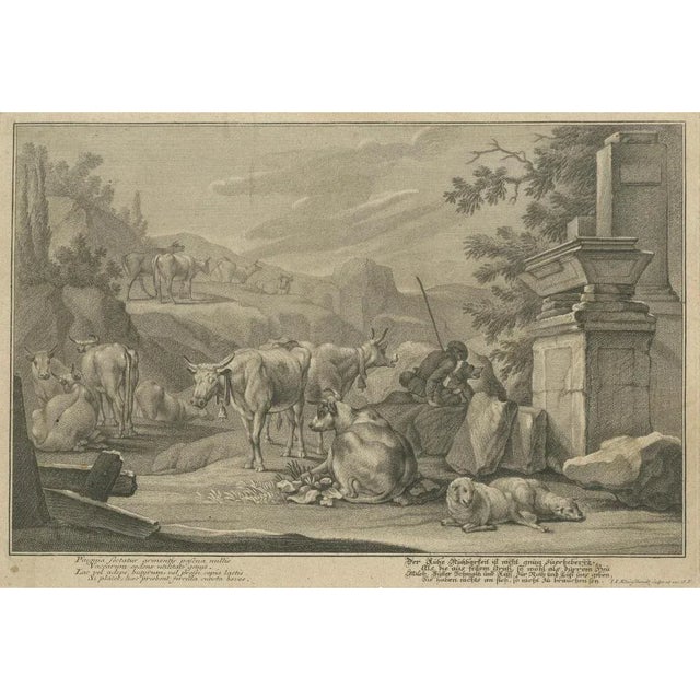 Paper Johann Jakob Kleinschmidt, Shepherd, Cattle, and Ruins, 1800s, Engraving For Sale - Image 7 of 7