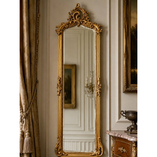 Wood 1970s French Rococo Gold Wood Floor Mirror For Sale - Image 7 of 13