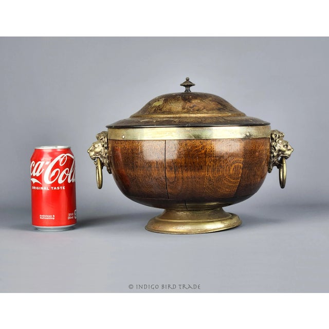 1870's Antique English Oak & Silver Plated Victorian Pedestal Trophy Salad or Fruit Bowl Dish With Lid and Lion Head Ring Handles For Sale - Image 11 of 12