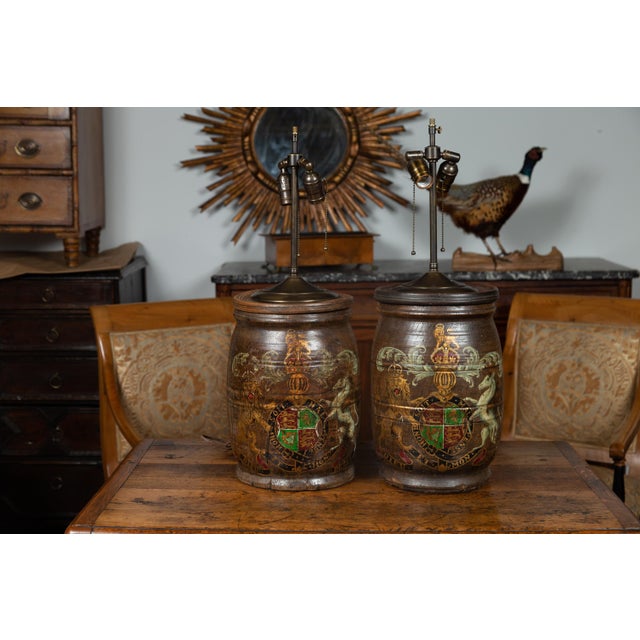 1880s English Wooden Barrels with Coat of Arms Made into Table Lamps - a Pair For Sale - Image 11 of 12