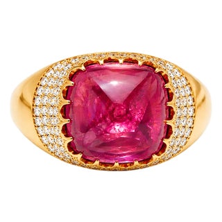 Late 20th Century 14K Pink Rose Gold Cabochon Amethyst Diamond Designer Ring Band, Size 6.5 For Sale