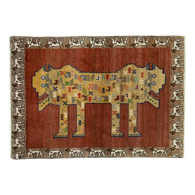 Hand-Knotted Gabbeh Rug in Wool with Fantasy Animal, 1990s For Sale