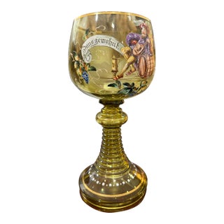 Rare Antique Large Roemer Lion Green Handblown Glass German Enamel 11.5” Goblet For Sale