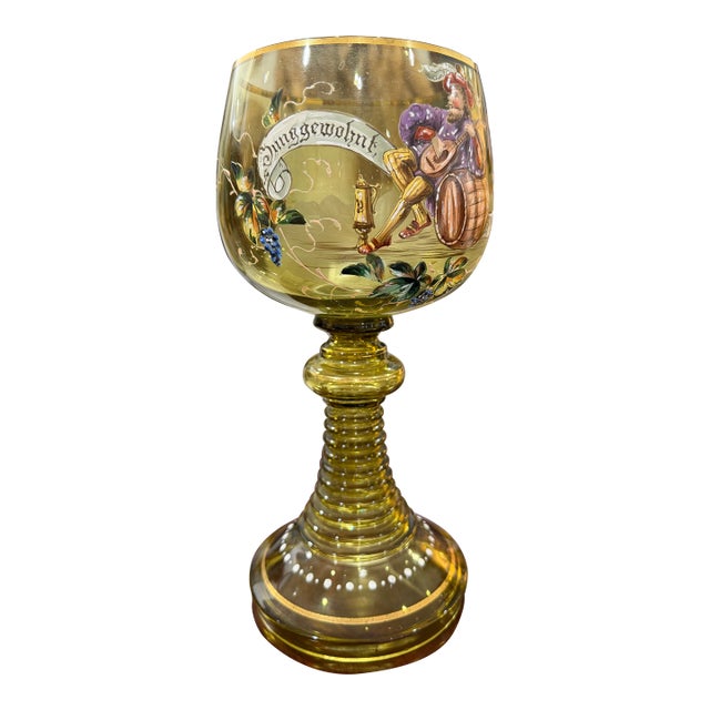 Rare Antique Large Roemer Lion Green Handblown Glass German Enamel 11.5” Goblet For Sale