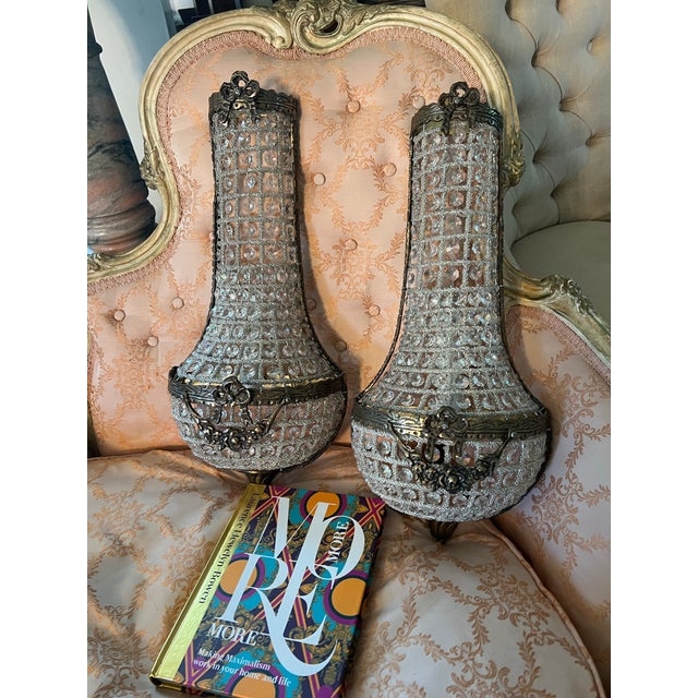 Hollywood Regency Vintage Dark Bronze and Crystal Wall Sconces - a Pair For Sale - Image 3 of 11