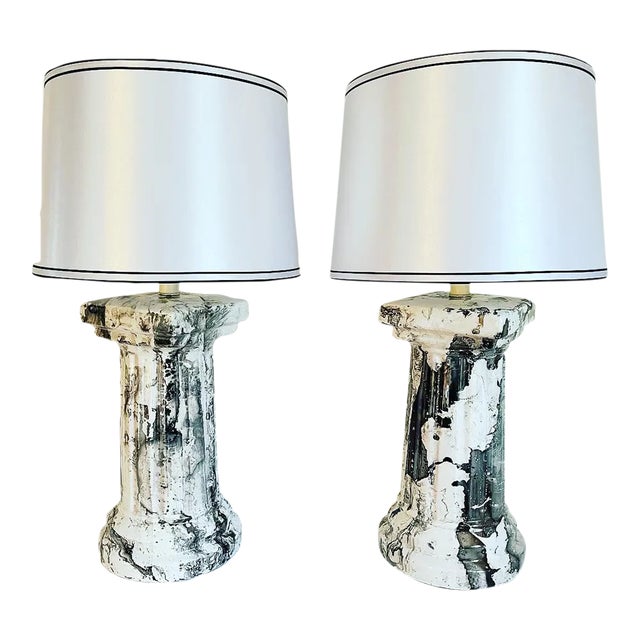 1970s Marbled Column Lamps & Shades - A Pair For Sale