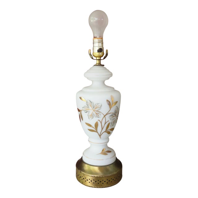 Vintage Milk Glass Table Lamp With Gold Floral Design & Brass Base For Sale