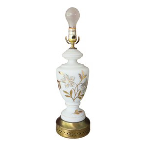 Vintage Milk Glass Table Lamp With Gold Floral Design & Brass Base