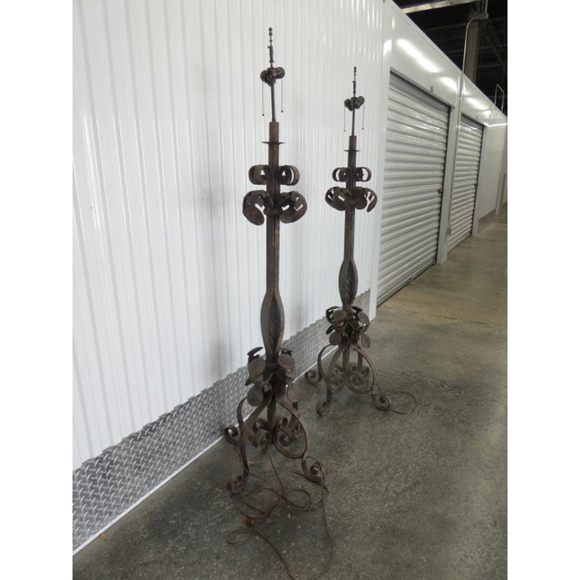 Mediterranean Vintage Wrought Iron Palm Beach Style Floor Lamps - a Pair For Sale - Image 3 of 13