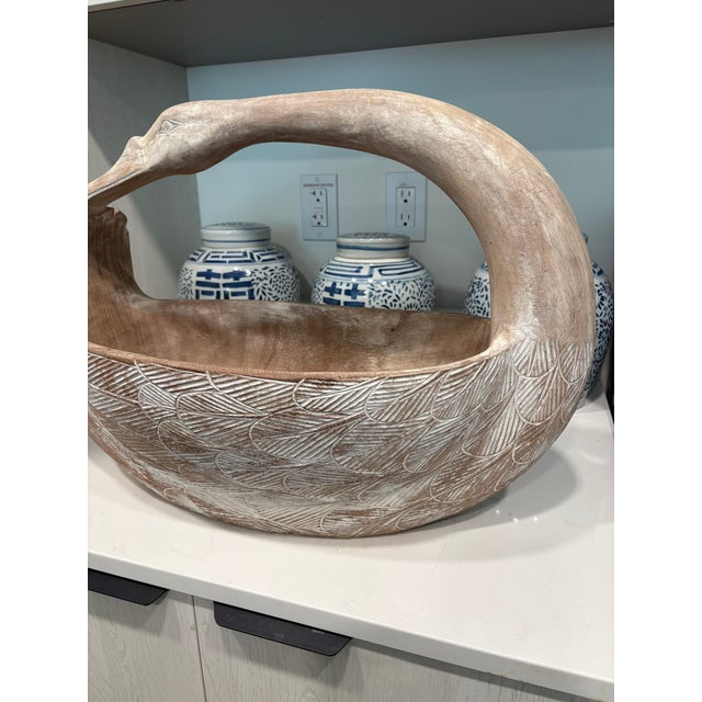 Wood Vintage Hand Carved Wood Swan Basket Whitewashed Coastal Centerpiece For Sale - Image 7 of 8