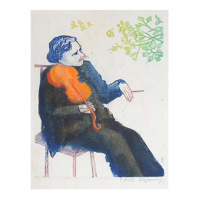 Vintage Late 20th Century Color Etching of Violinist For Sale