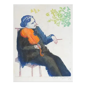 Vintage Late 20th Century Color Etching of Violinist