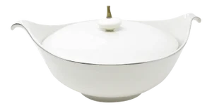 Vintage John Gilkes Holiday Heirloom White China Lidded Serving Bowl Dish With Brass Finial and Curved Handles