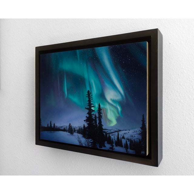 Witness to the Unknown by Austin Howlett | Oil on panel Northern lights over a snowy landscape. For Sale - Image 4 of 5