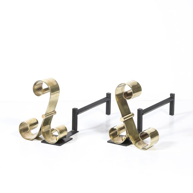 Mid-Century Modernist Scroll Form Andirons in Polished Brass For Sale - Image 9 of 10