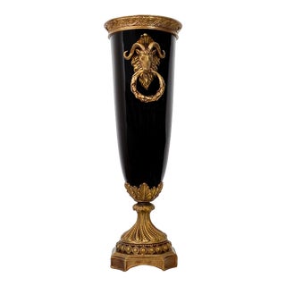 Vintage French Louis XVI Ormolu Style Black Chinoiserie Porcelain Vase For Sale