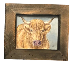 Original Contemporary Bull Portrait Watercolor Painting Barn Wood Frame