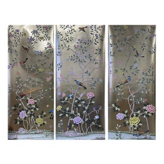 26" X 68" /Panel, Handpainted Chinoiserie on Champagne Metallic Leaf ( No Frame) For Sale