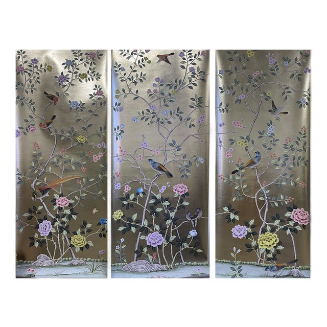 26" X 68" /Panel, Handpainted Chinoiserie on Champagne Metallic Leaf ( No Frame) For Sale