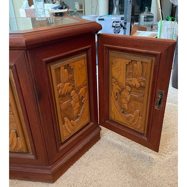 Chinese Carved Hexagonal End Table Cabinet With Glass Top For Sale In Austin - Image 6 of 9