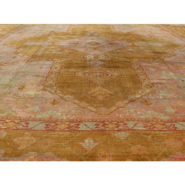 Squared Shape Antique Oushak Rug in Green, Marigold, Cream and Pink Color For Sale - Image 9 of 17