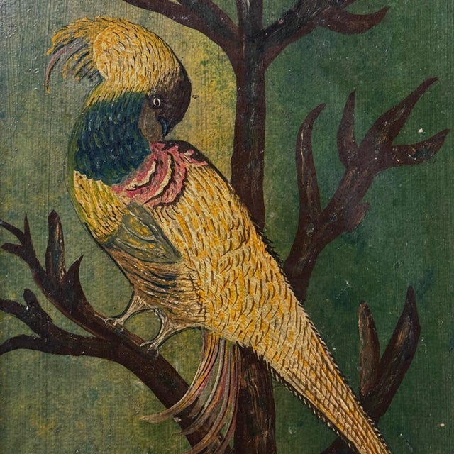 Antique Folk Art Painting of a Bird in a Tree, Signed (Oil on Board) For Sale - Image 4 of 5