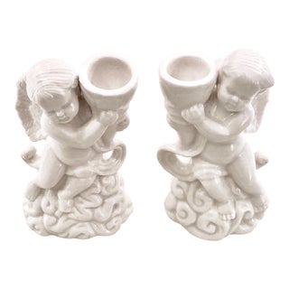 1960s Italian Putti Porcelain Candlesticks a Pair For Sale