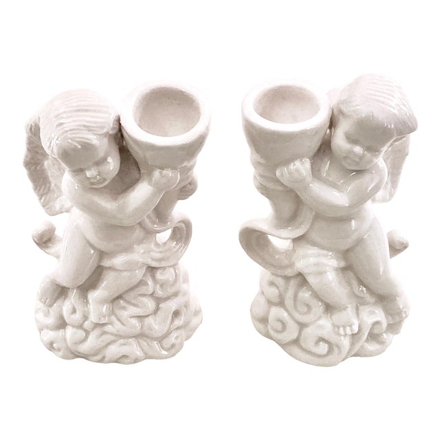 1960s Italian Putti Porcelain Candlesticks a Pair For Sale