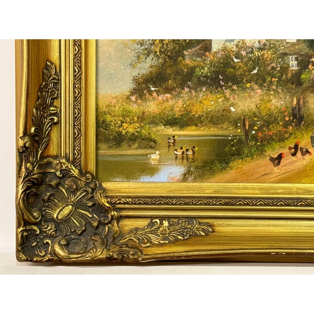 Realism Children holding pails with chickens by a duck pond & cottage in Rural England 1980 Circa For Sale - Image 3 of 18