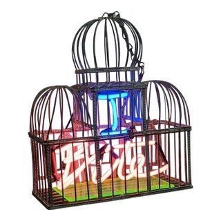 Olivia Steele “I Bite” Hand Blown and Colored Neon Vintage Metal Bird Cage Fine Art For Sale