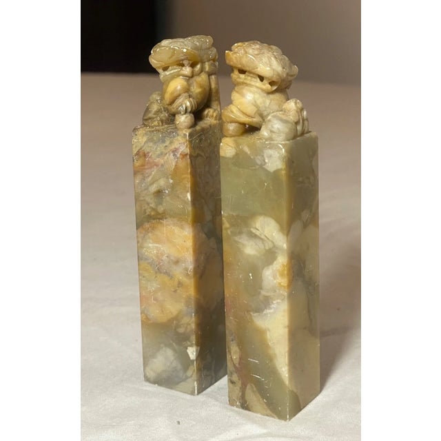 Pair Antique Hand Carved Chinese Hard Stone Chop Seal Block Foo Lion Sculpture For Sale - Image 4 of 13