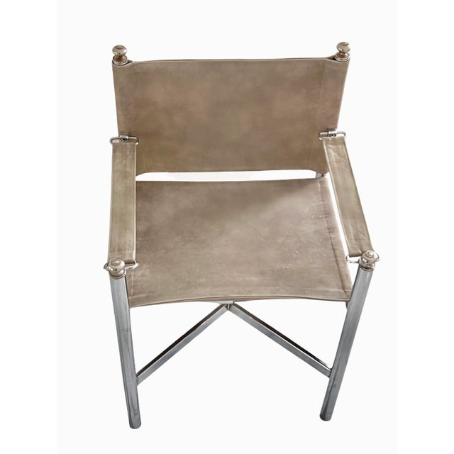 Vintage Campaign Maison Jansen Style, Pace Director Arm Chair, Suede Leather Chrome and Brass For Sale - Image 11 of 11