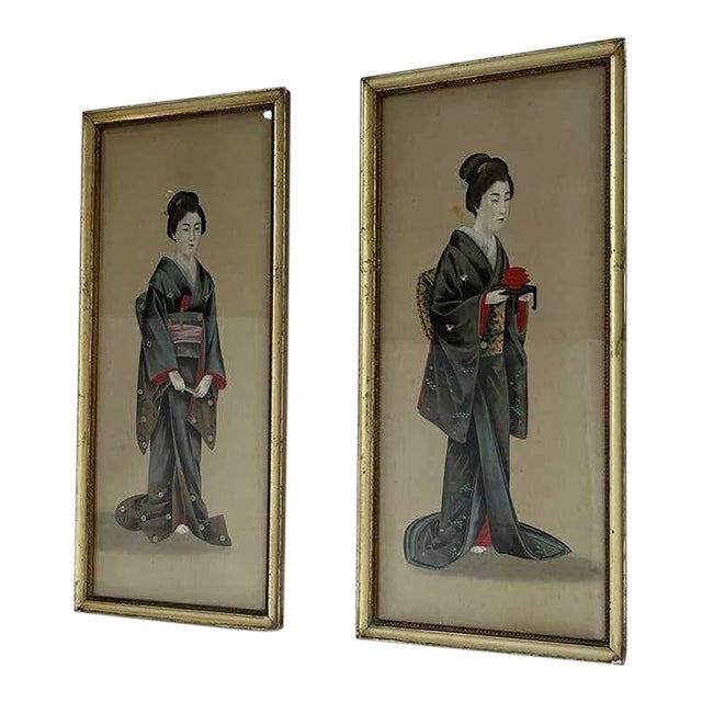 19th Century Japanese Paintings on Silk - Set of 2 For Sale