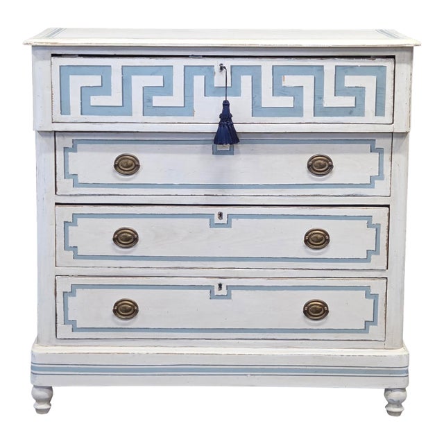 Antique 19th C. Painted Pine Dresser Chest of Drawers With Greek Key Motif For Sale