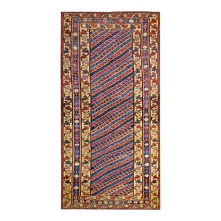 1890s Multicolor Geometric Tribal Antique Caucasian Karabagh Rug 3'9" X 7'3" Handknotted Wool Carpet For Sale
