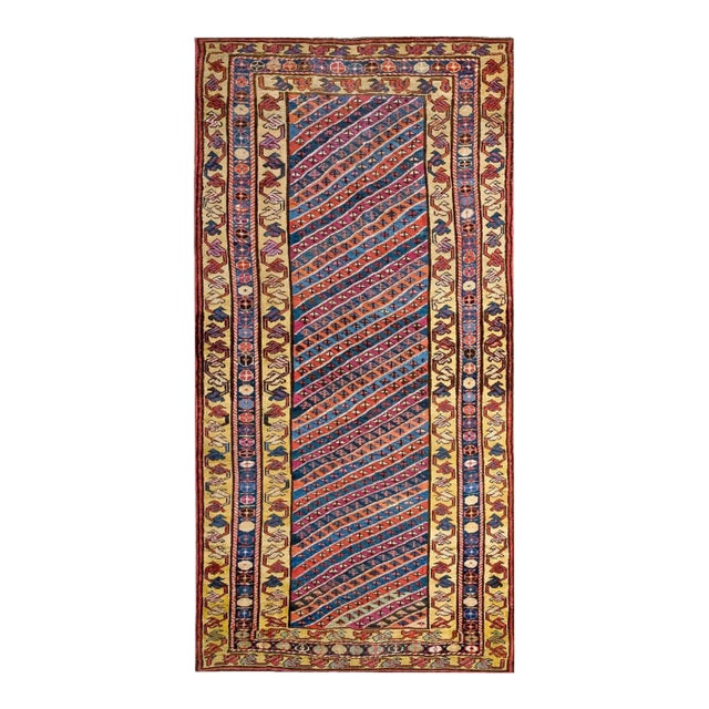 1890s Multicolor Geometric Tribal Antique Caucasian Karabagh Rug 3'9" X 7'3" Handknotted Wool Carpet For Sale
