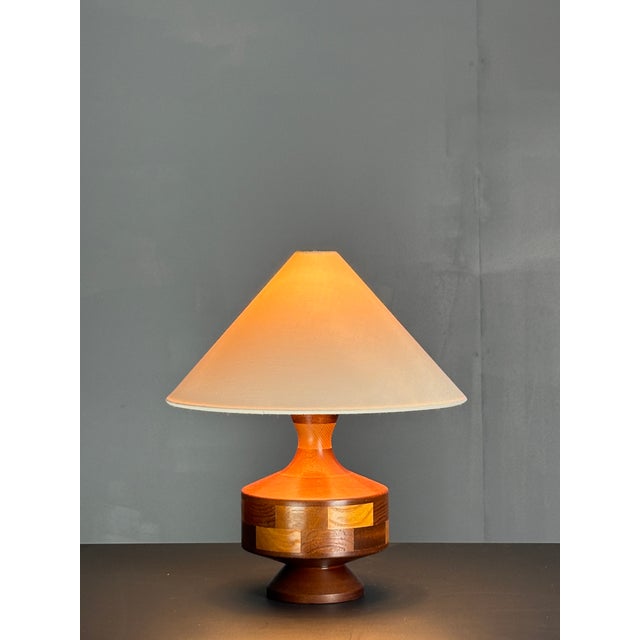 Red Mid-Century English Teak Table Lamp with Geometric Wood Inlay, 1955 For Sale - Image 8 of 13